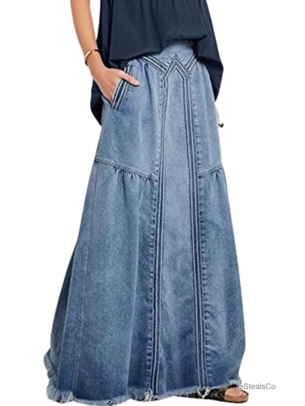 Vintage Frayed Hem A Line Long Maxi Denim Skirt Distressed High Waist Retro